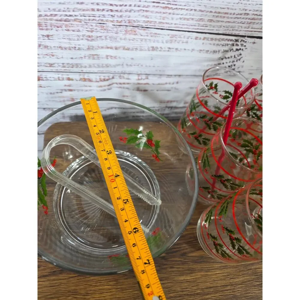 Vintage Indiana Glass Christmas Holly Hostess Set Ice Bucket Glasses READ